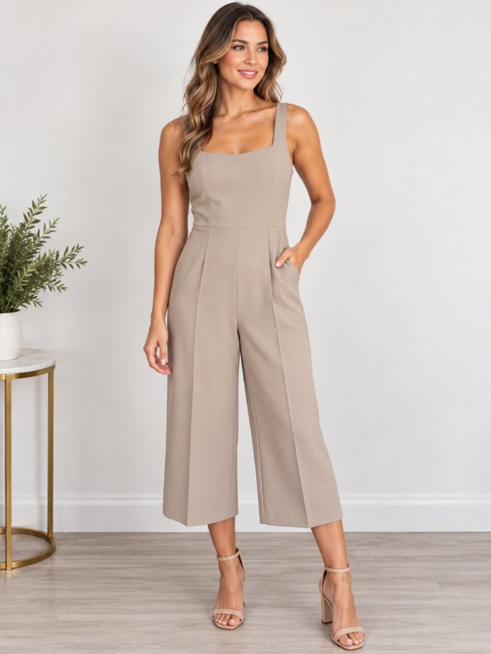 Donna Morgan Beige/Taupe Wide Leg Sleeveless Jumpsuit – Women's Size 16